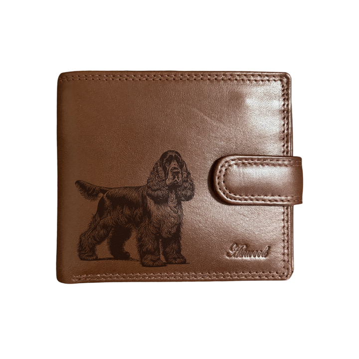 Personalised Cocker Spaniel Standing Engraved Dark Tan Genuine Leather Wallet