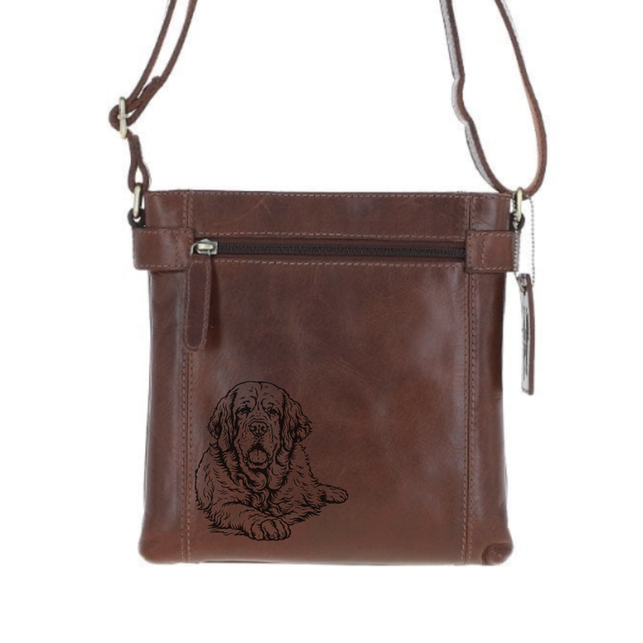 Clumber Spaniel Lying Down Engraved Leather Two Section Zip Top Crossbody Bag