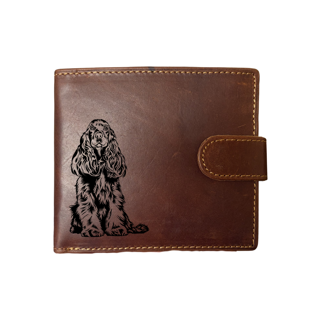 Personalised Cocker Spaniel Engraved Dark Tan Genuine Leather Wallet