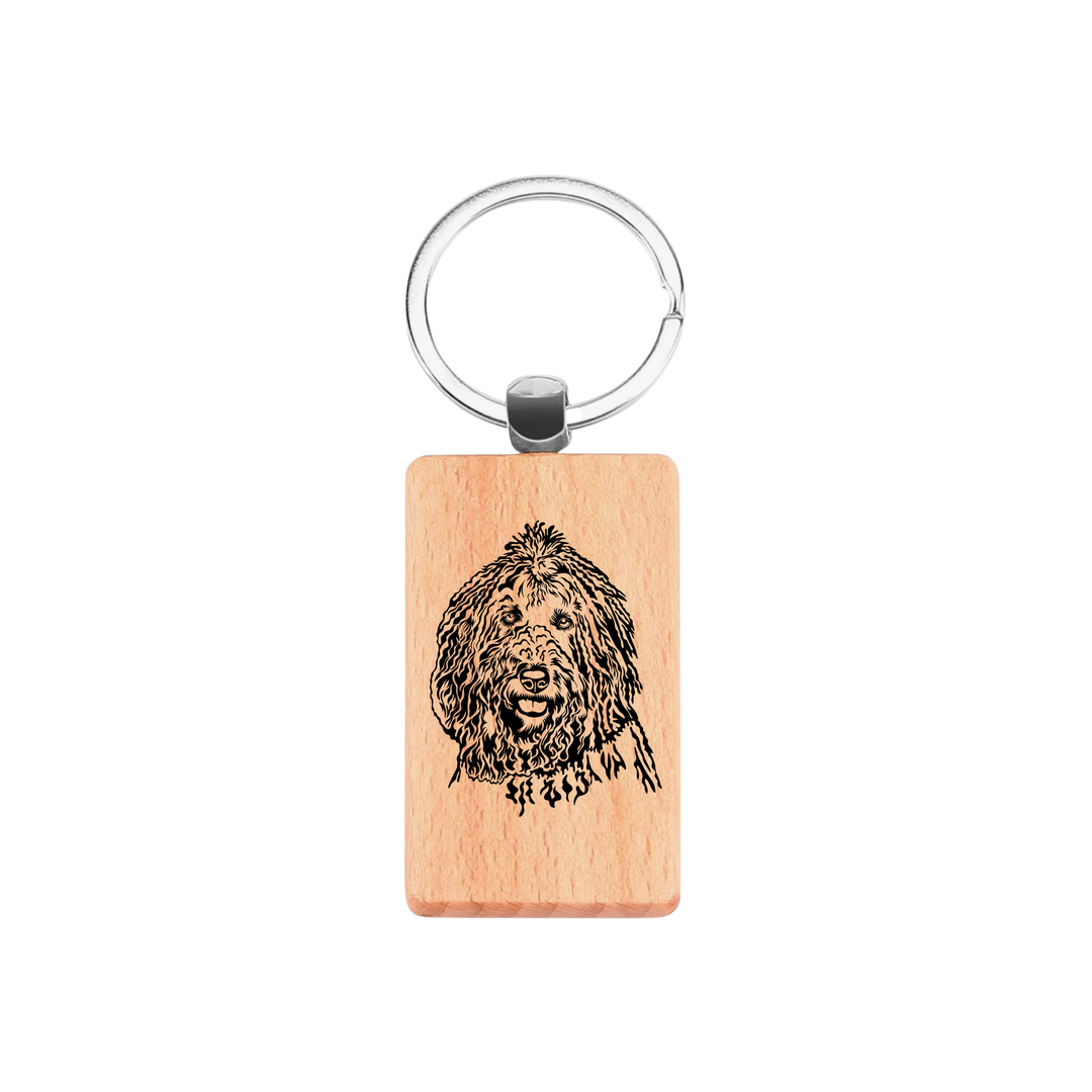 Komondor Face Engraved Rectangle Wooden Keyring