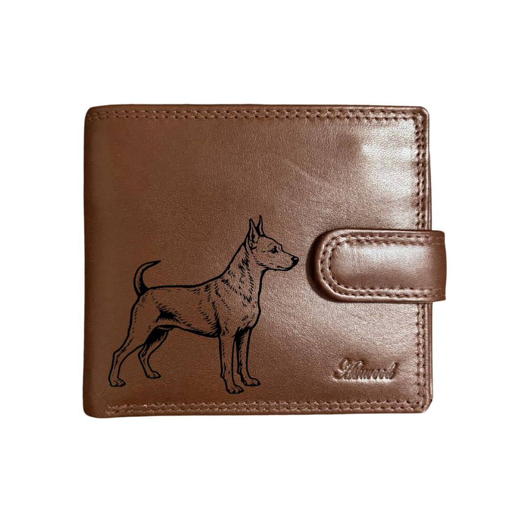 Personalised Miniature Pinscher Standing Engraved Dark Tan Genuine Leather Wallet