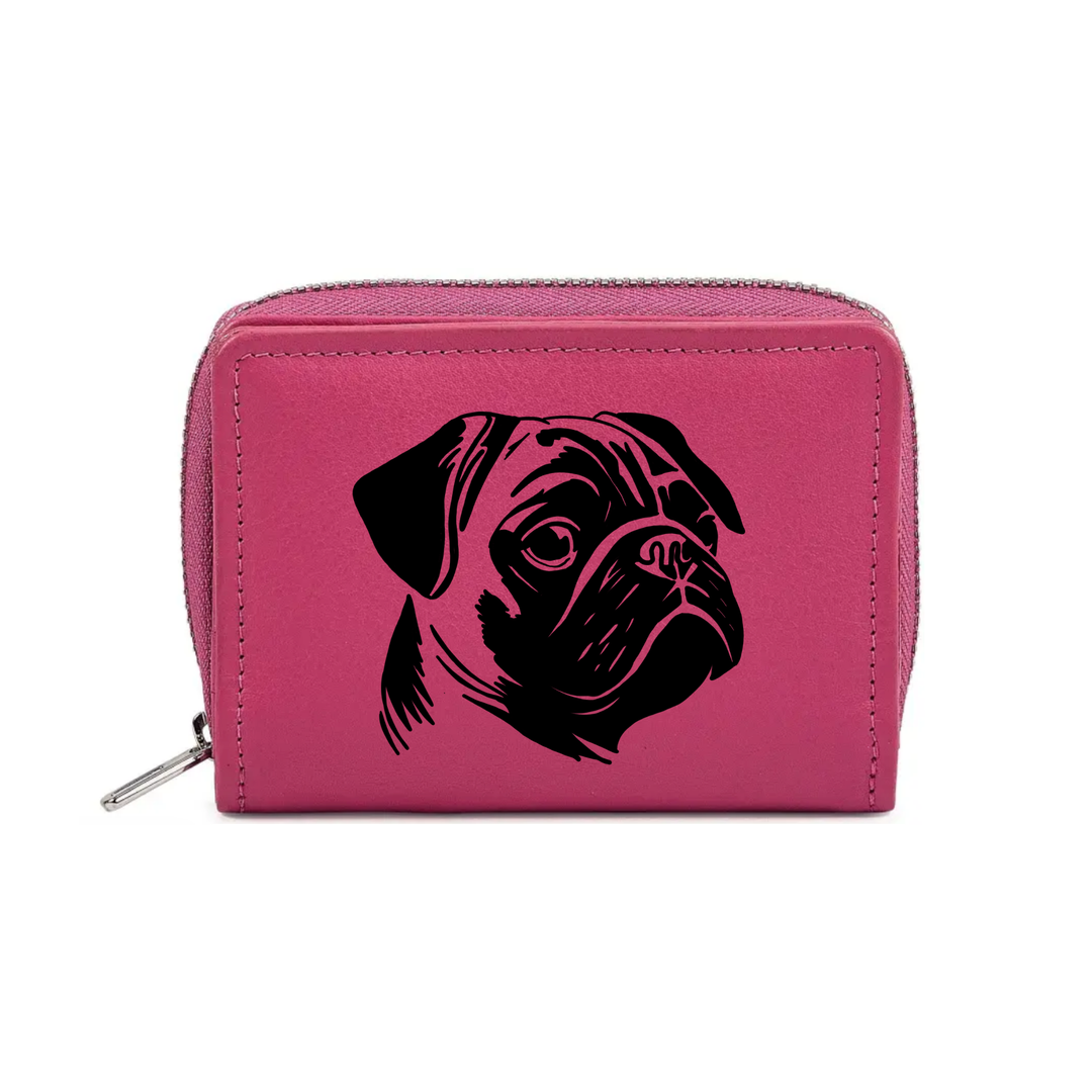 Pug Face Engraved Small Leather Purse (Green/Pink/Blue/Red)