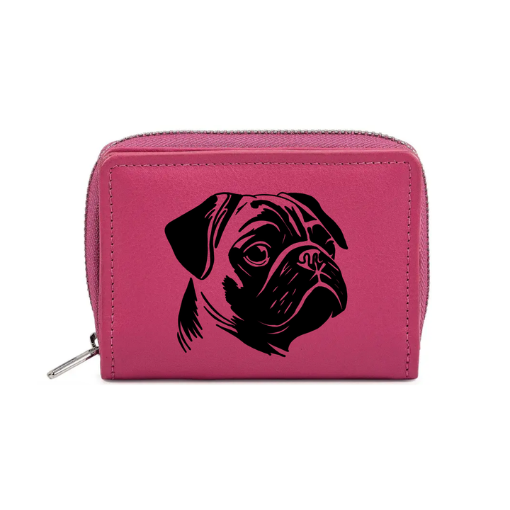 Pug Face Engraved Small Leather Purse (Green/Pink/Blue/Red)