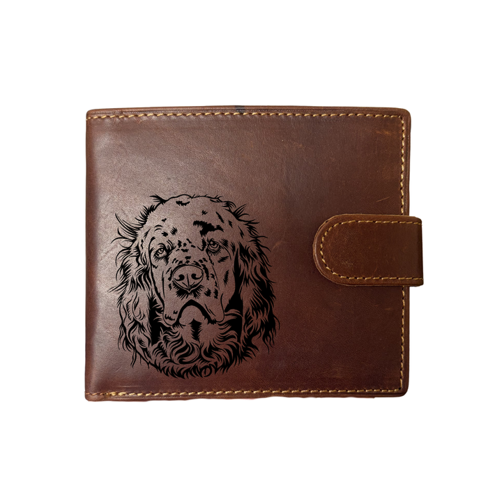 Personalised Clumber Spaniel Face Engraved Dark Tan Genuine Leather Wallet