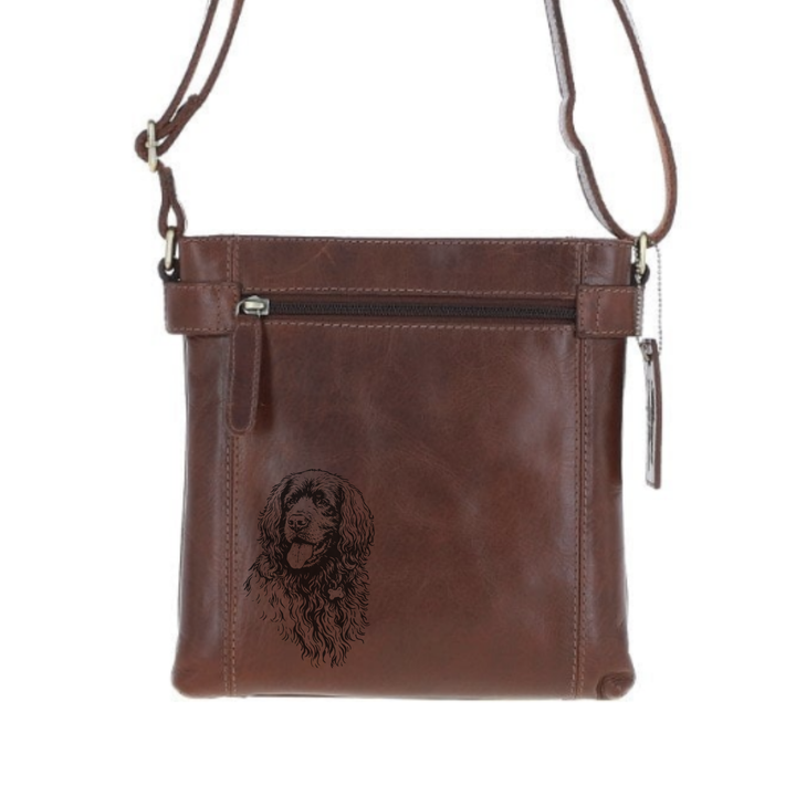 Sussex Spaniel Face Engraved Leather Two Section Zip Top Crossbody Bag