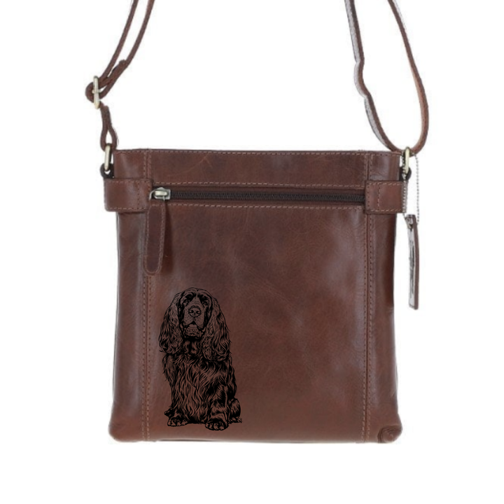 Sussex Spaniel Sitting Engraved Leather Two Section Zip Top Crossbody Bag