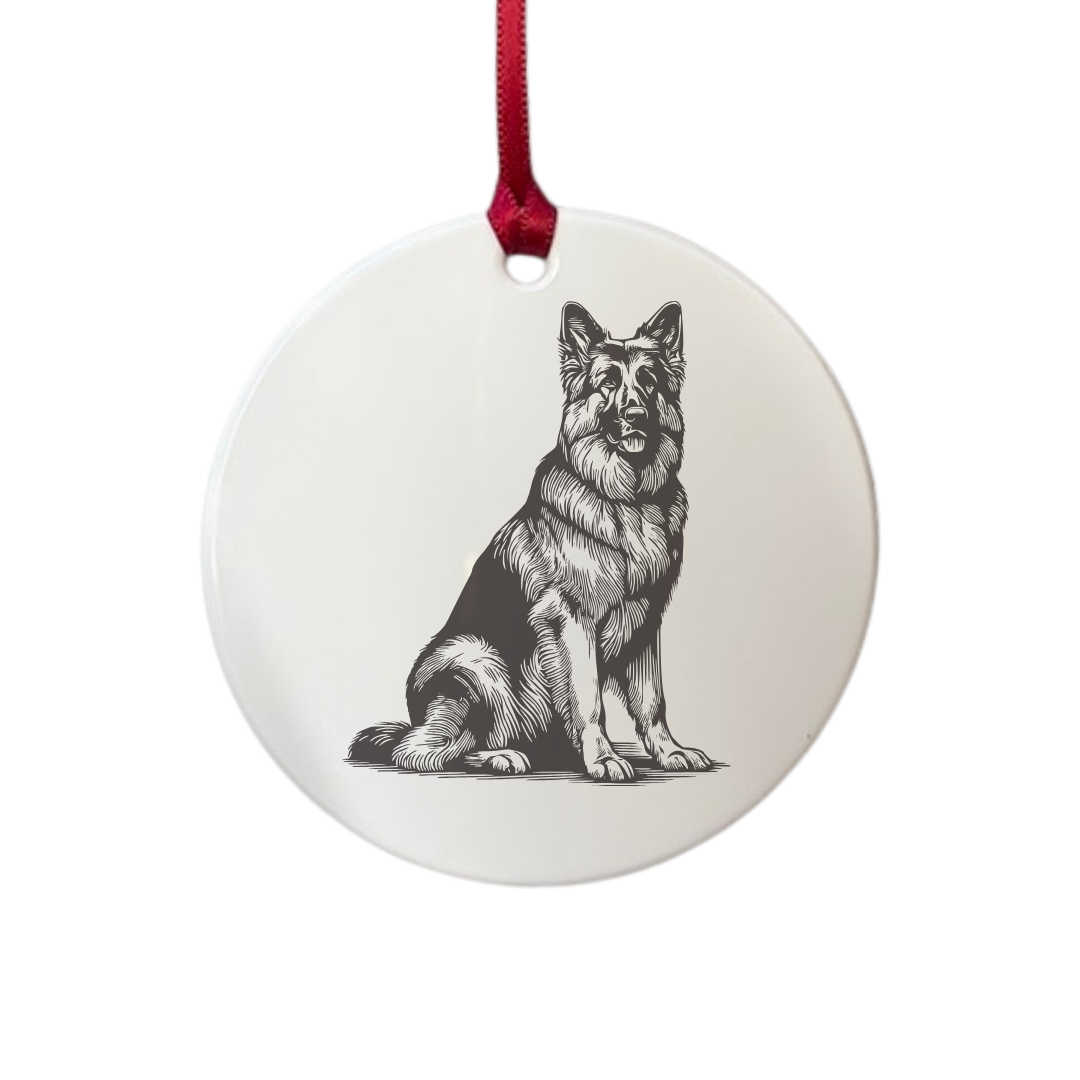 Personalised German Shepherd Alsatian Sitting  Engraved White Acrylic Decoration