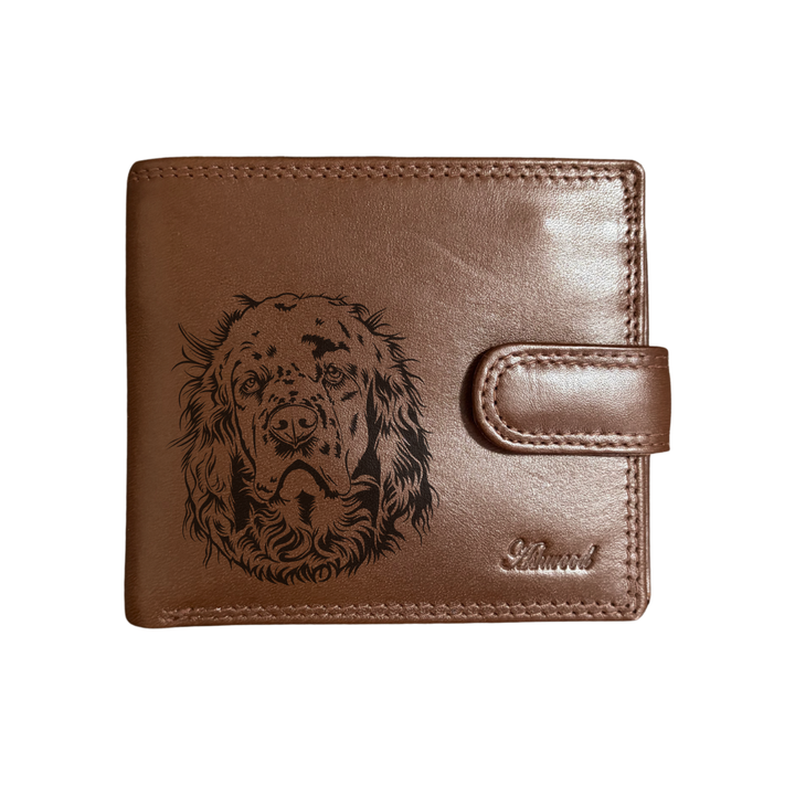Personalised Clumber Spaniel Face Engraved Dark Tan Genuine Leather Wallet