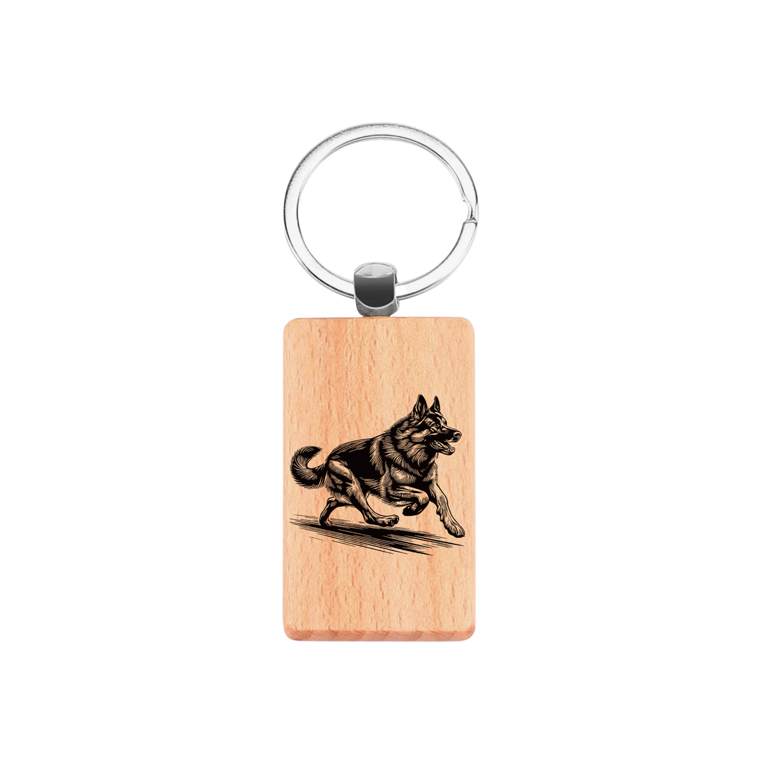 German Shepherd Alsatian Running Engraved Rectangle Wooden Keyring