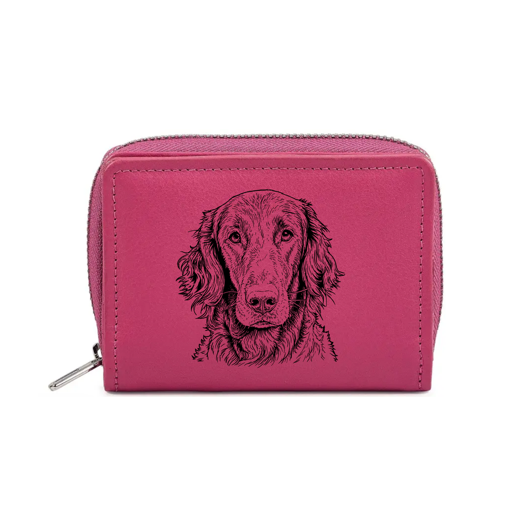 Flat Coat Retriever Face Engraved Small Leather Purse (Green/Pink/Blue/Red)
