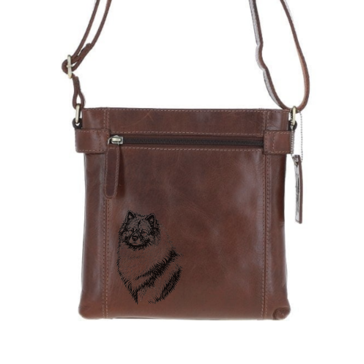 Keeshond Engraved Leather Two Section Zip Top Crossbody Bag