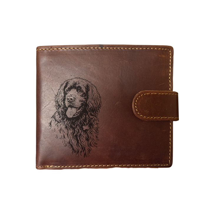 Personalised Sussex Spaniel Face Engraved Dark Tan Genuine Leather Wallet