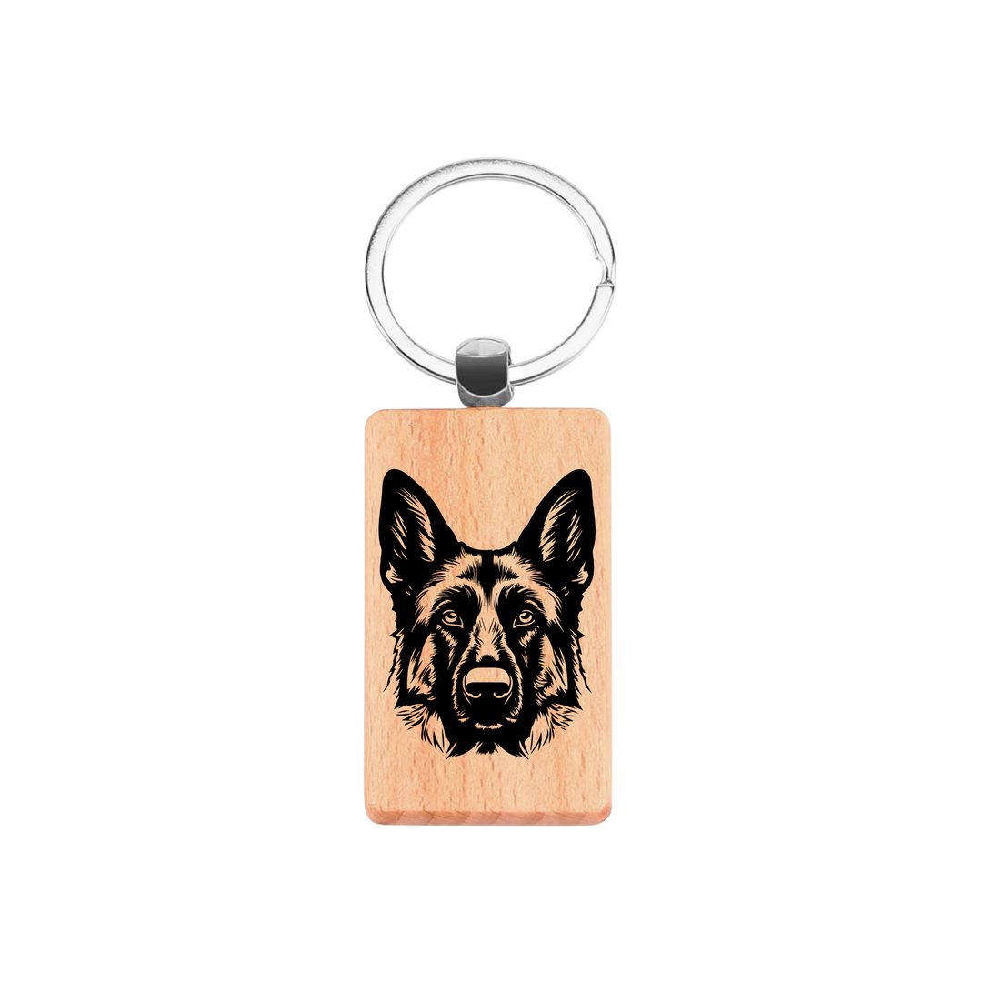 German Shepherd Alsatian Face Engraved Rectangle Wooden Keyring