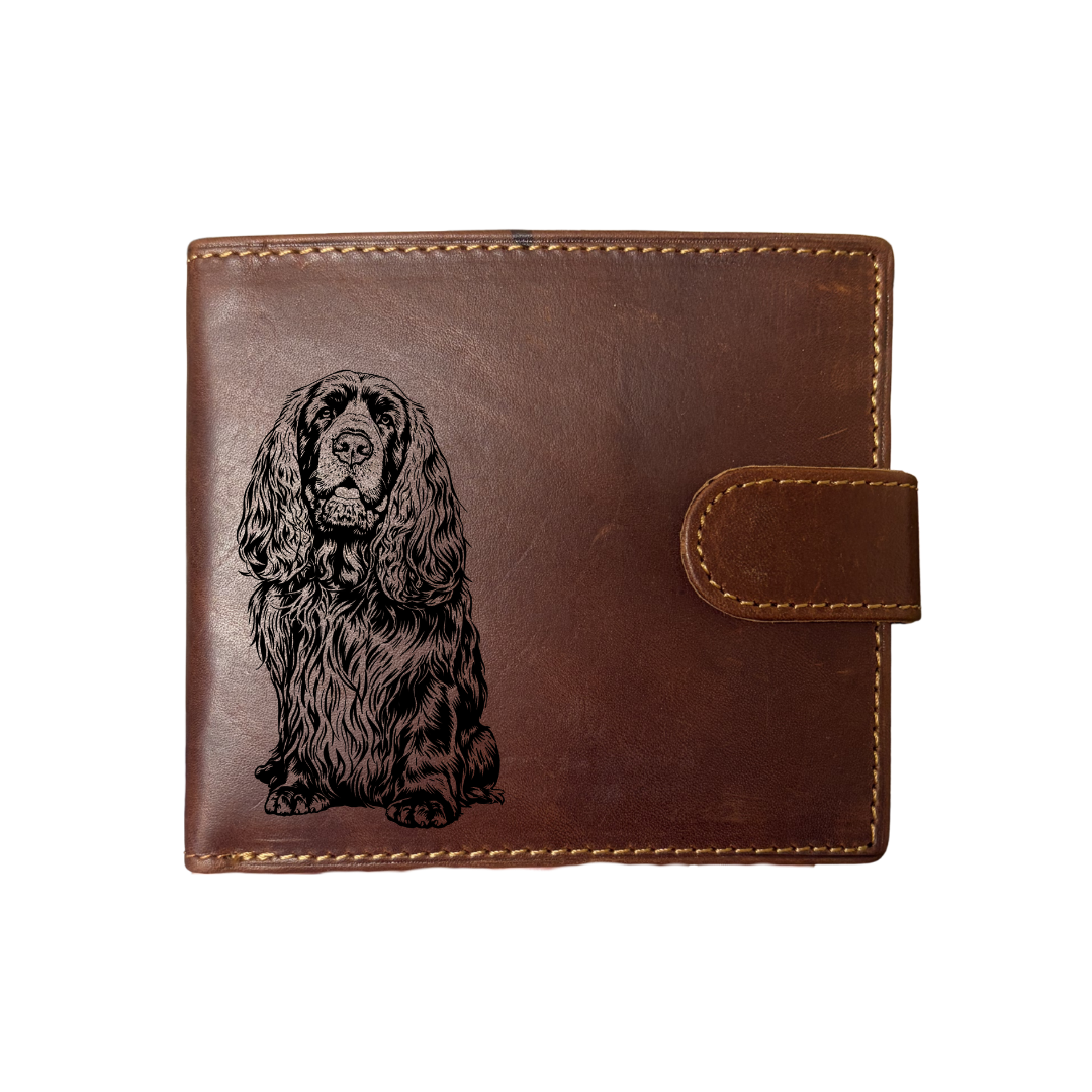 Personalised Sussex Spaniel Sitting Engraved Dark Tan Genuine Leather Wallet