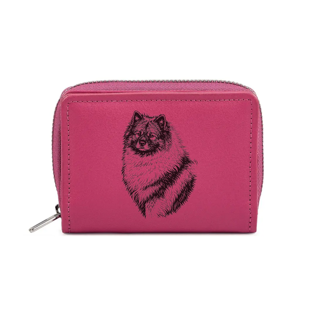 Keeshond Face Engraved Small Leather Purse (Green/Pink/Blue/Red)