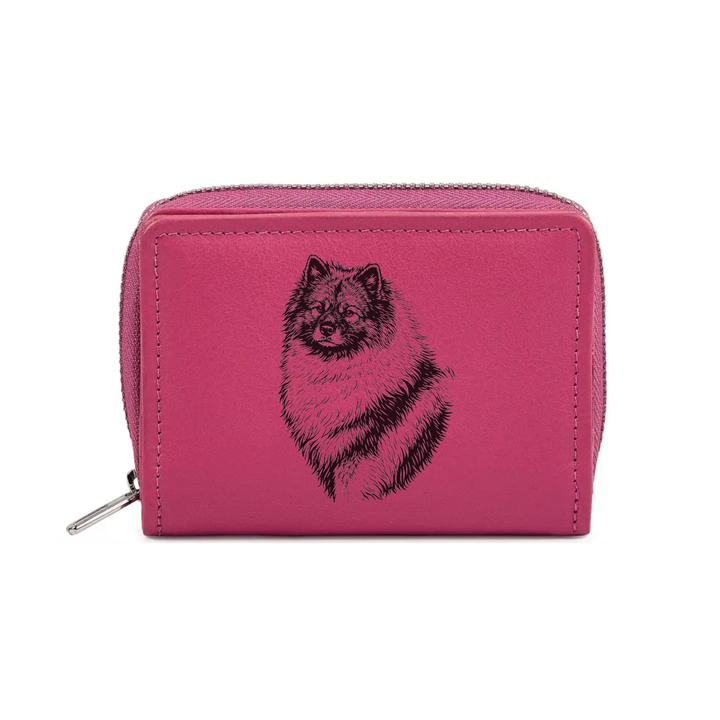 Keeshond Face Engraved Small Leather Purse (Green/Pink/Blue/Red)