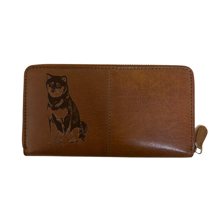 Japanese Shiba Inu Sitting Engraved Large Leather Purse
