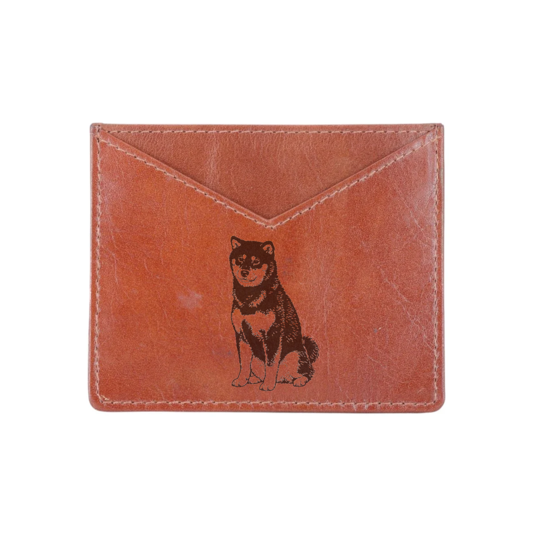 Japanese Shiba Inu Sitting Engraved Genuine Leather Cardholder