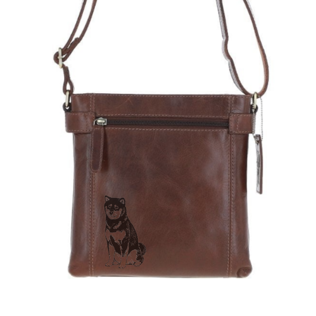 Japanese Shiba Inu Sitting Engraved Leather Two Section Zip Top Crossbody Bag