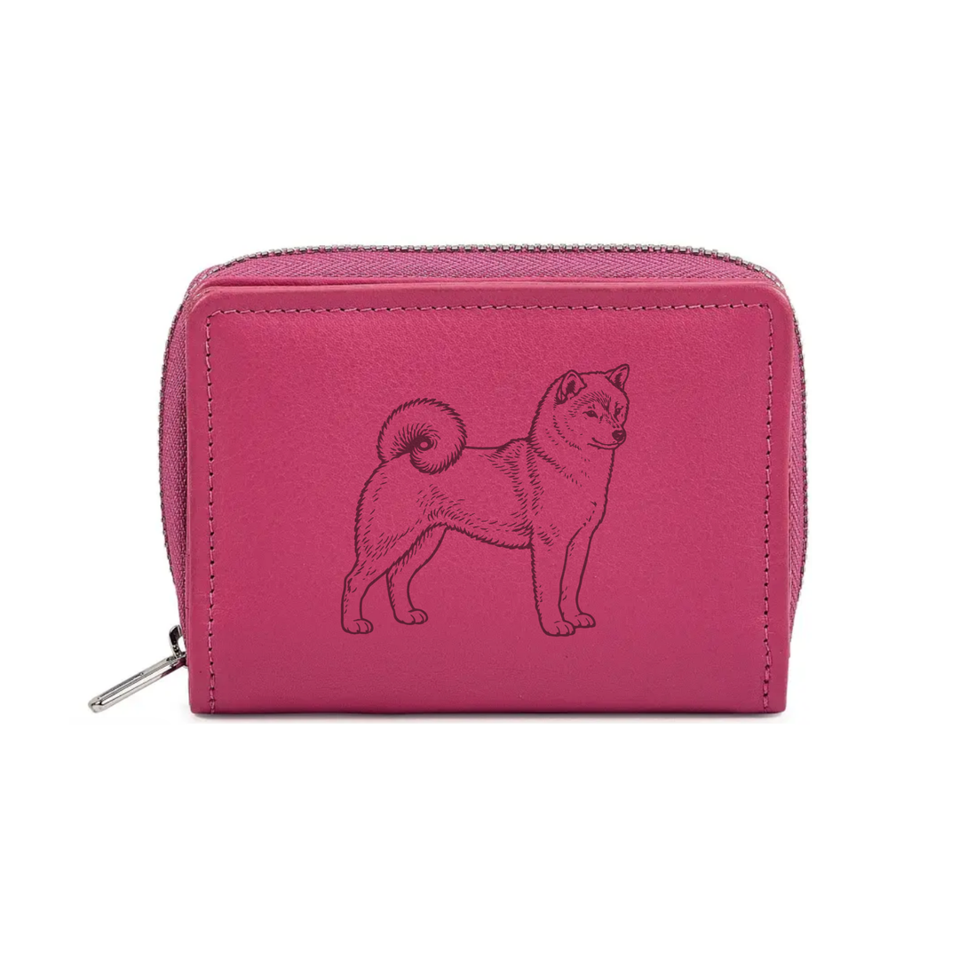 Japanese Shiba Inu Standing Engraved Small Leather Purse (Green/Pink/Blue/Red)