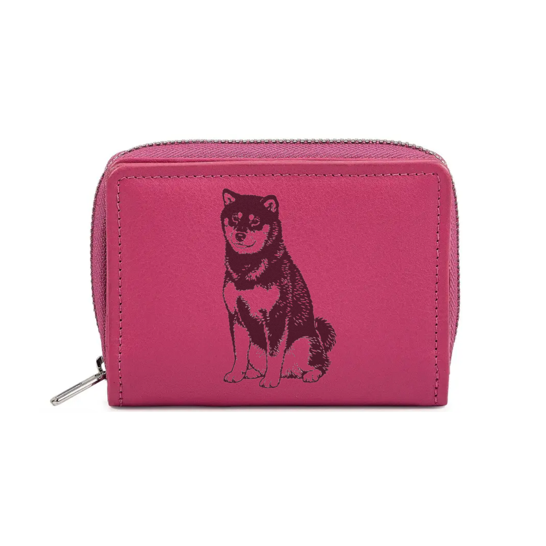Japanese Shiba Inu Sitting Engraved Small Leather Purse (Green/Pink/Blue/Red)