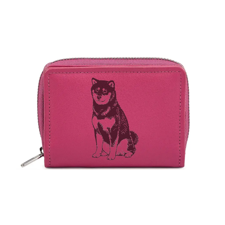 Japanese Shiba Inu Sitting Engraved Small Leather Purse (Green/Pink/Blue/Red)