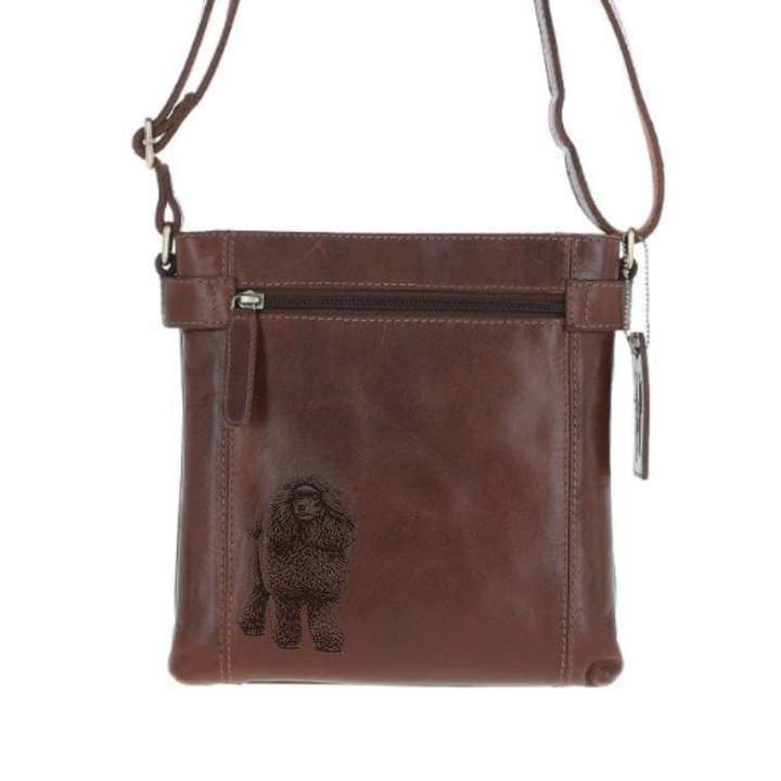 Poodle D Standing Engraved Leather Two Section Zip Top Crossbody Bag