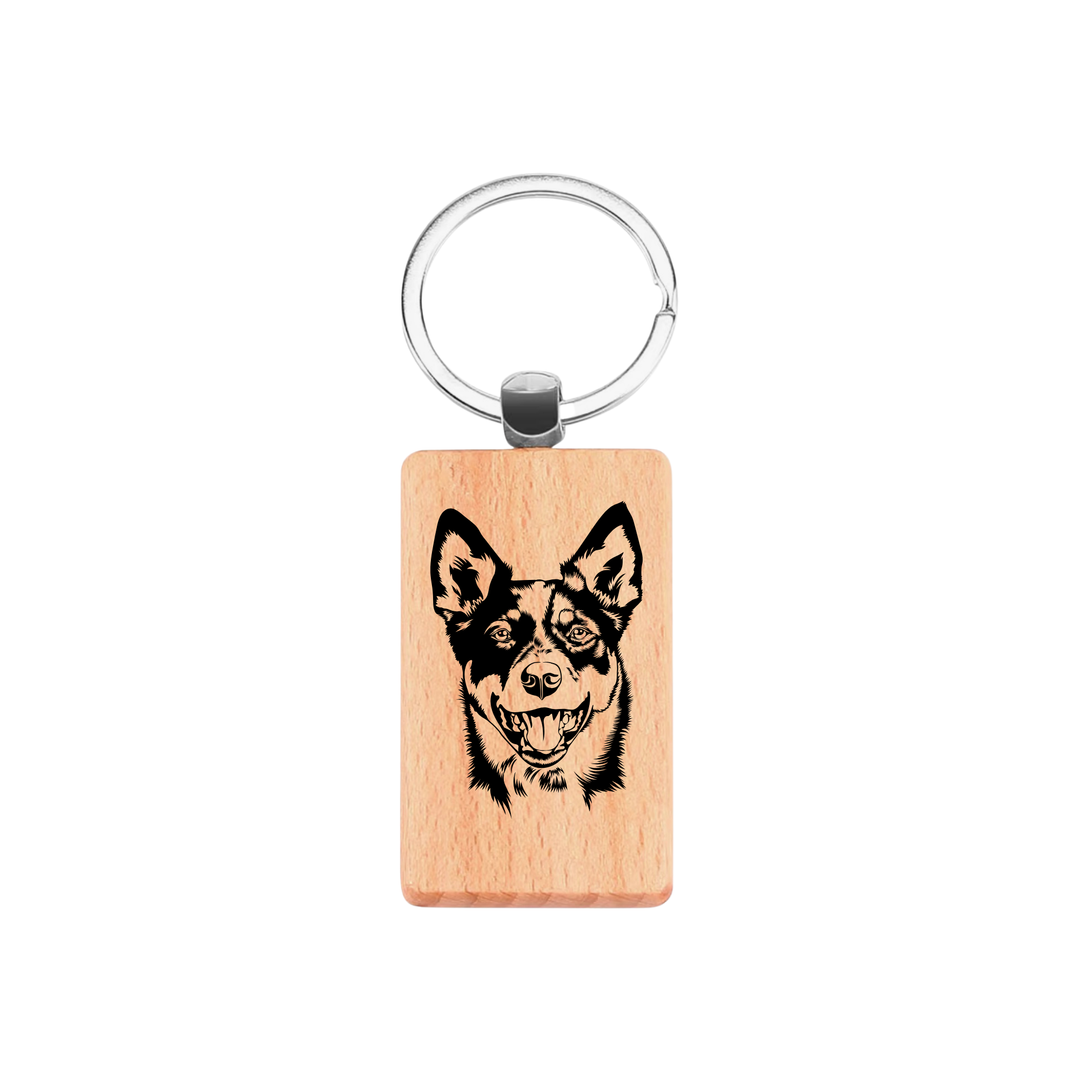 Australian Cattle Dog Face Engraved Rectangle Wooden Keyring