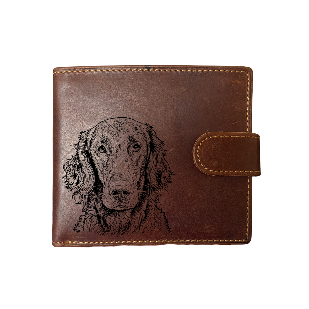 Personalised Flat Coated Retriever Face Engraved Dark Tan Genuine Leather Wallet