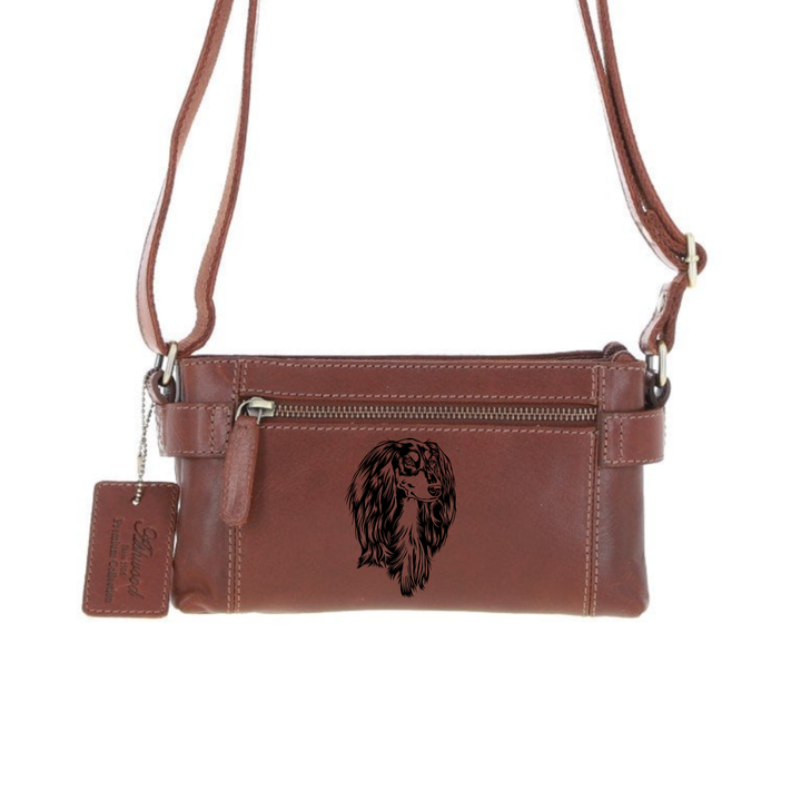 Personalised Saluki Engraved Small Leather Two Section Zip Top Crossbody Bag