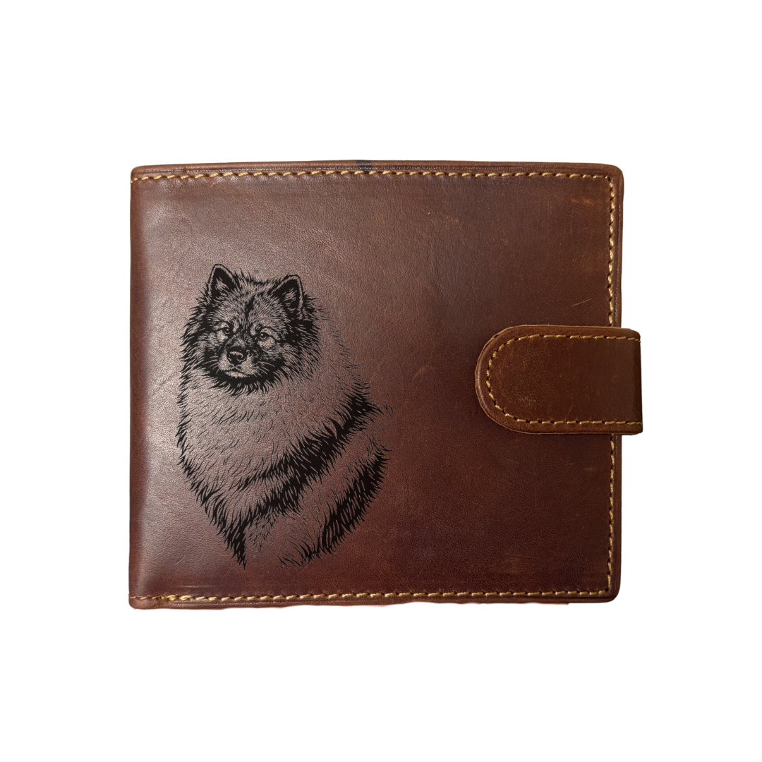 Personalised Keeshond Face Engraved Dark Tan Genuine Leather Wallet