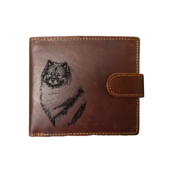 Personalised Keeshond Face Engraved Dark Tan Genuine Leather Wallet