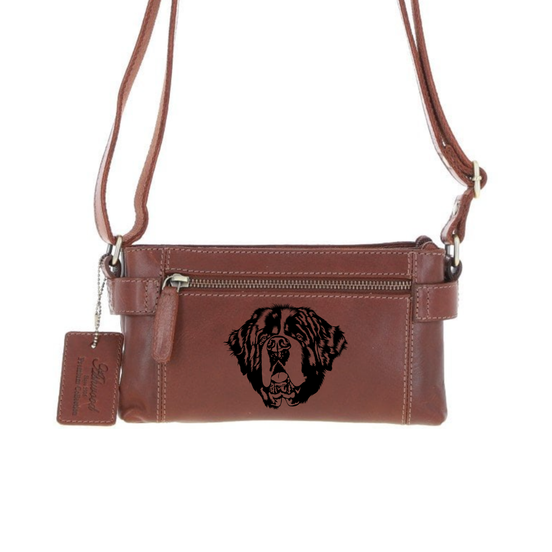 Personalised Saint Bernard Face Engraved Small Leather Two Section Zip Top Crossbody Bag