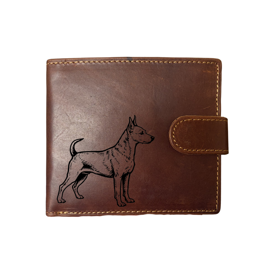 Personalised Miniature Pinscher Standing Engraved Dark Tan Genuine Leather Wallet