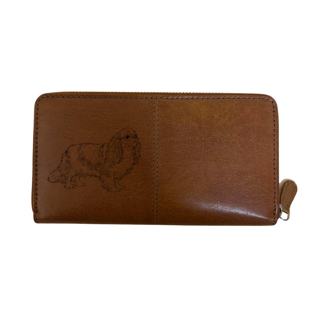 King Charles Spaniel Standing Engraved Large Leather Purse