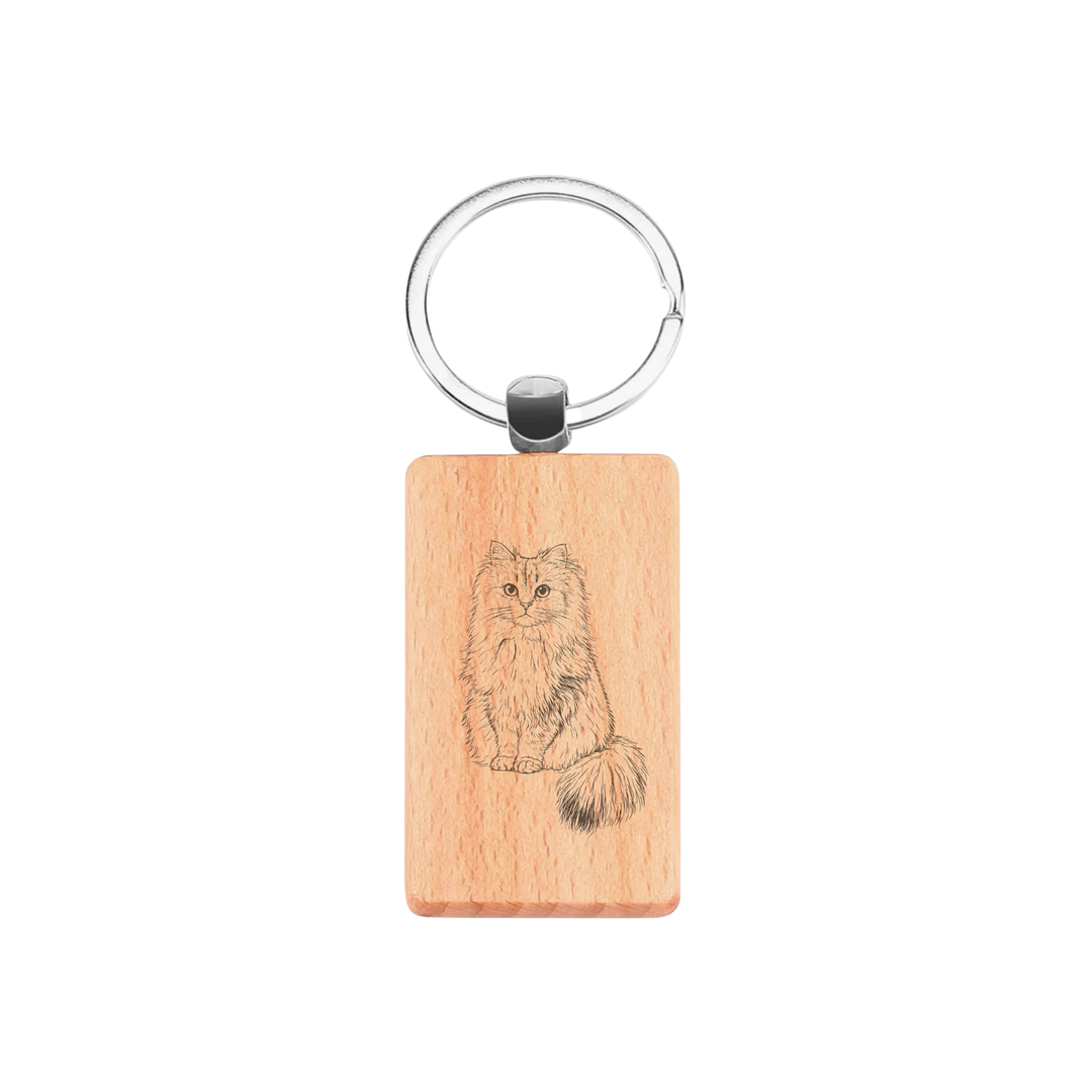 Persian Cat Engraved Rectangle Wooden Keyring