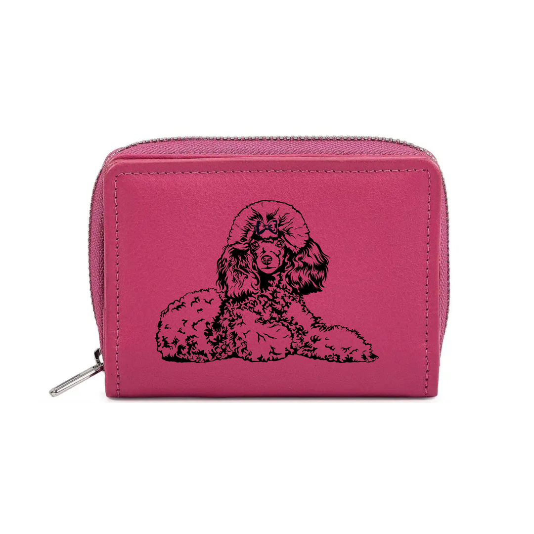 Poodle Lying Down Engraved Small Leather Purse (Green/Pink/Blue/Red)