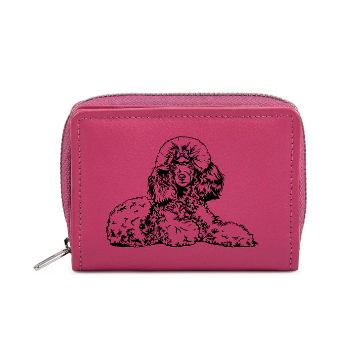 Poodle Lying Down Engraved Small Leather Purse (Green/Pink/Blue/Red)