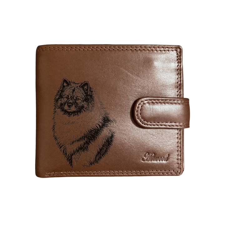 Personalised Keeshond Face Engraved Dark Tan Genuine Leather Wallet