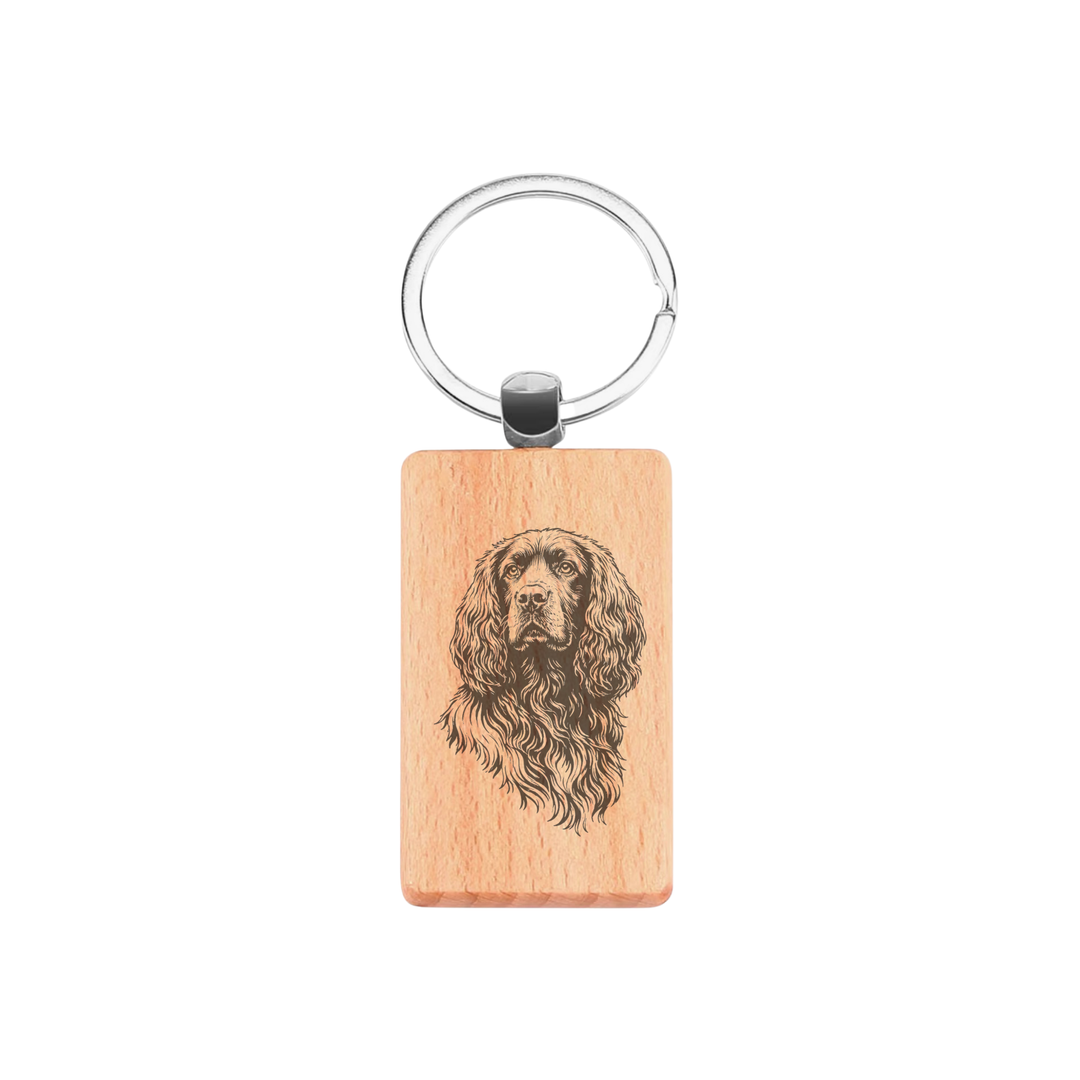 Working Cocker Spaniel Face Engraved Rectangle Wooden Keyring