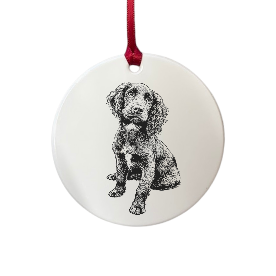Personalised Working Cocker Spaniel Sitting Engraved White Acrylic Decoration