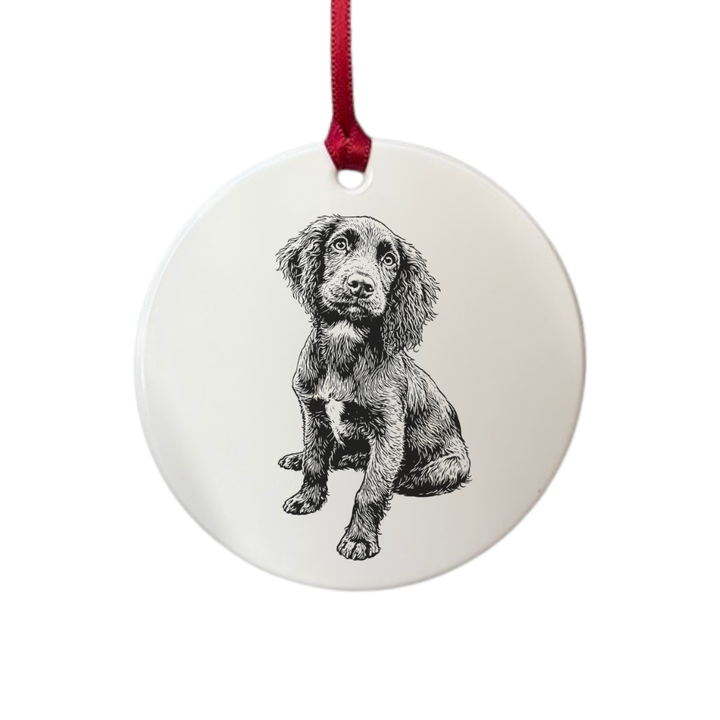 Personalised Working Cocker Spaniel Sitting Engraved White Acrylic Decoration