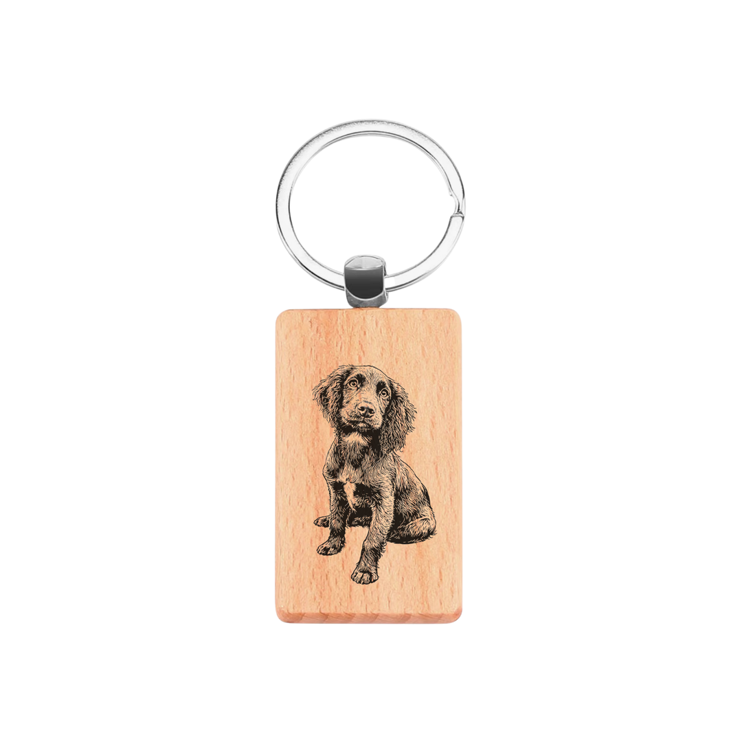 Working Cocker Spaniel Sitting Engraved Rectangle Wooden Keyring