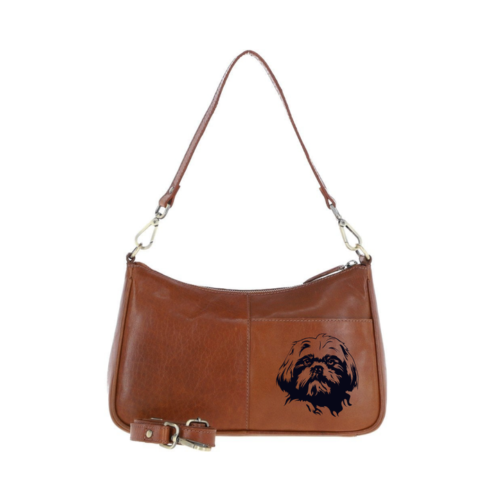 Shih Tzu Face Engraved Genuine Leather Shoulder Bag