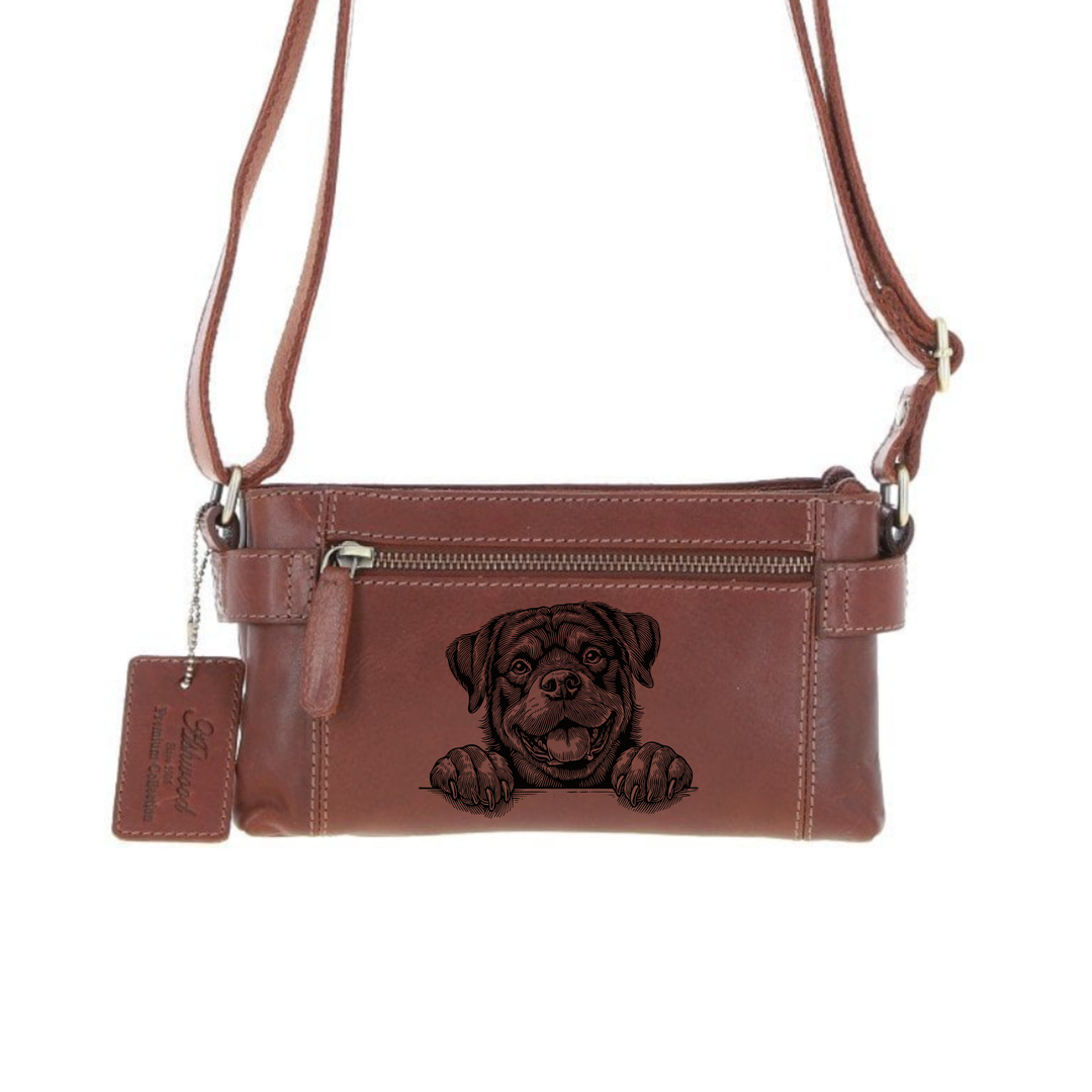 Personalised Rottweiler Paws Engraved Small Leather Two Section Zip Top Crossbody Bag