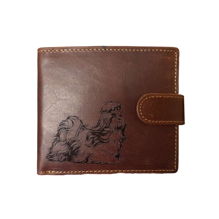 Personalised Shih Tzu Running Engraved Dark Tan Genuine Leather Wallet