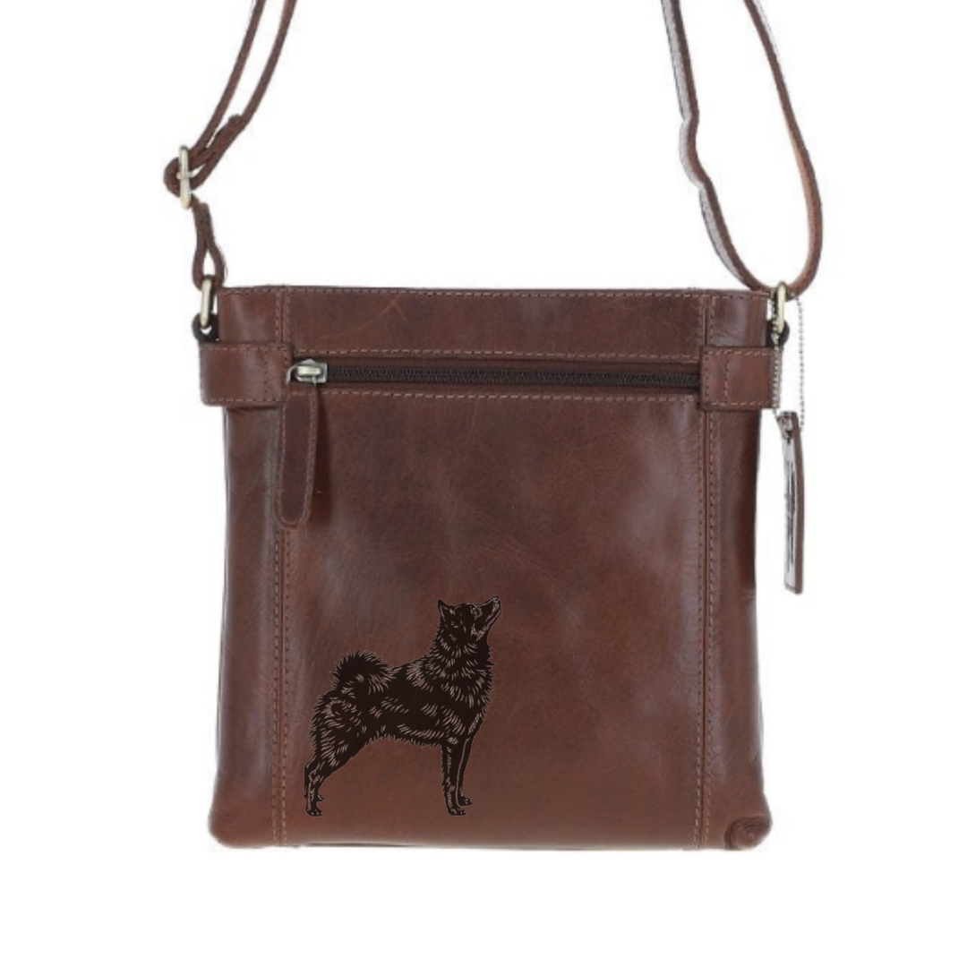 Schipperke Standing Engraved Leather Two Section Zip Top Crossbody Bag