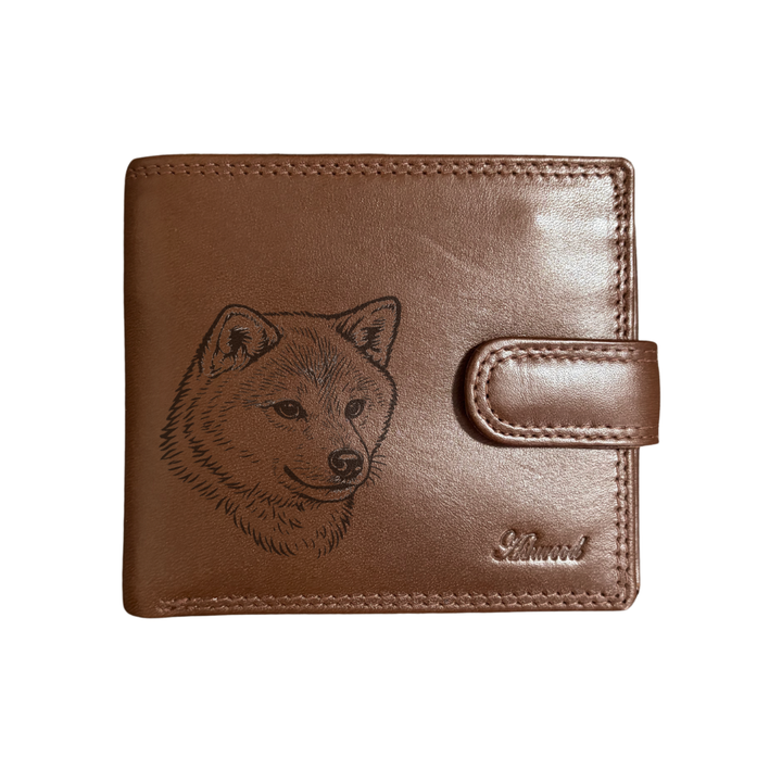 Personalised Japanese Shiba Inu Face Engraved Dark Tan Genuine Leather Wallet