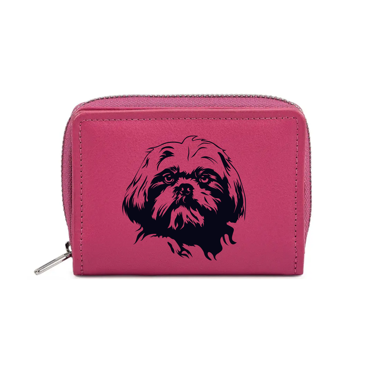 Shih Tzu Face Engraved Small Leather Purse (Green/Pink/Blue/Red)