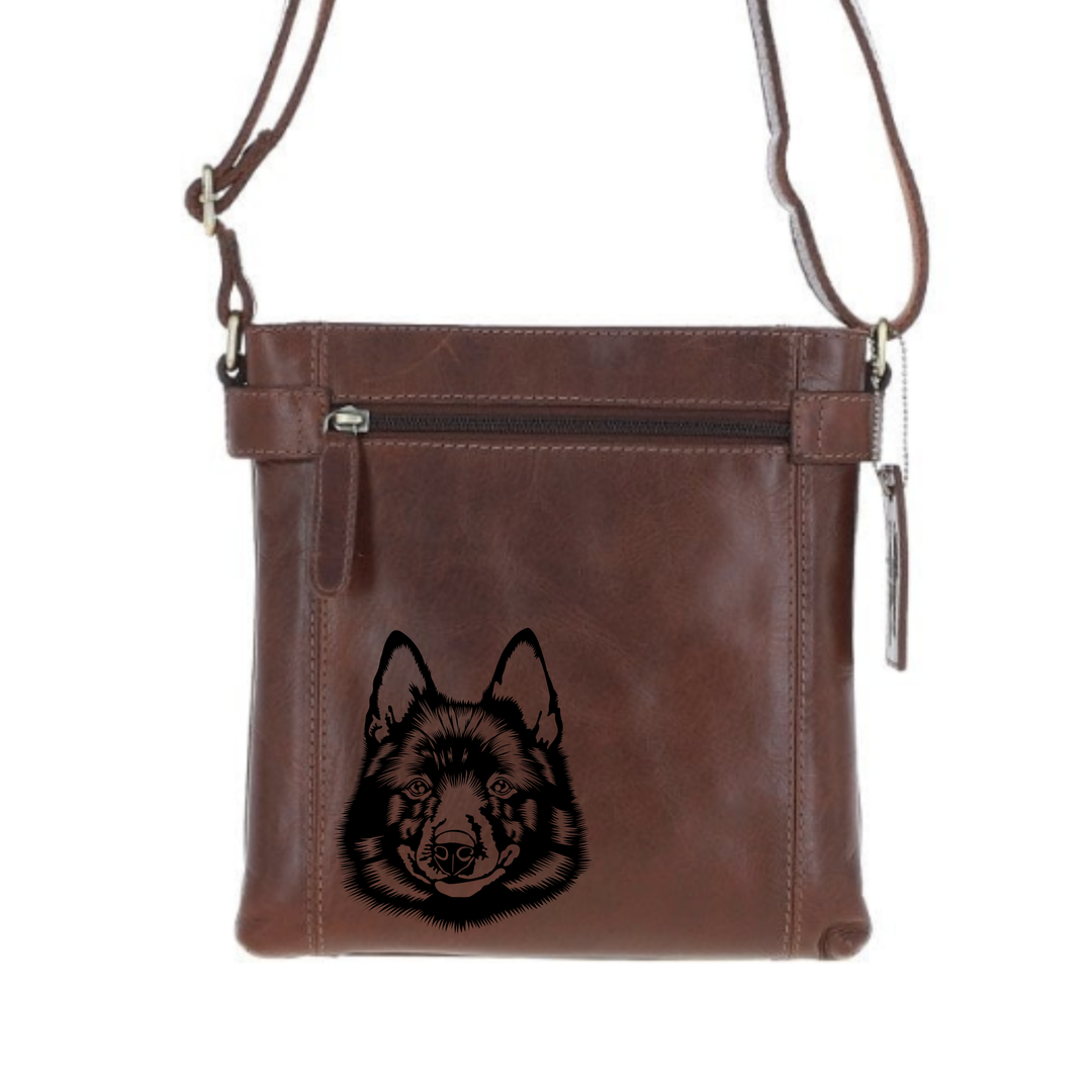 Schipperke Face Engraved Leather Two Section Zip Top Crossbody Bag
